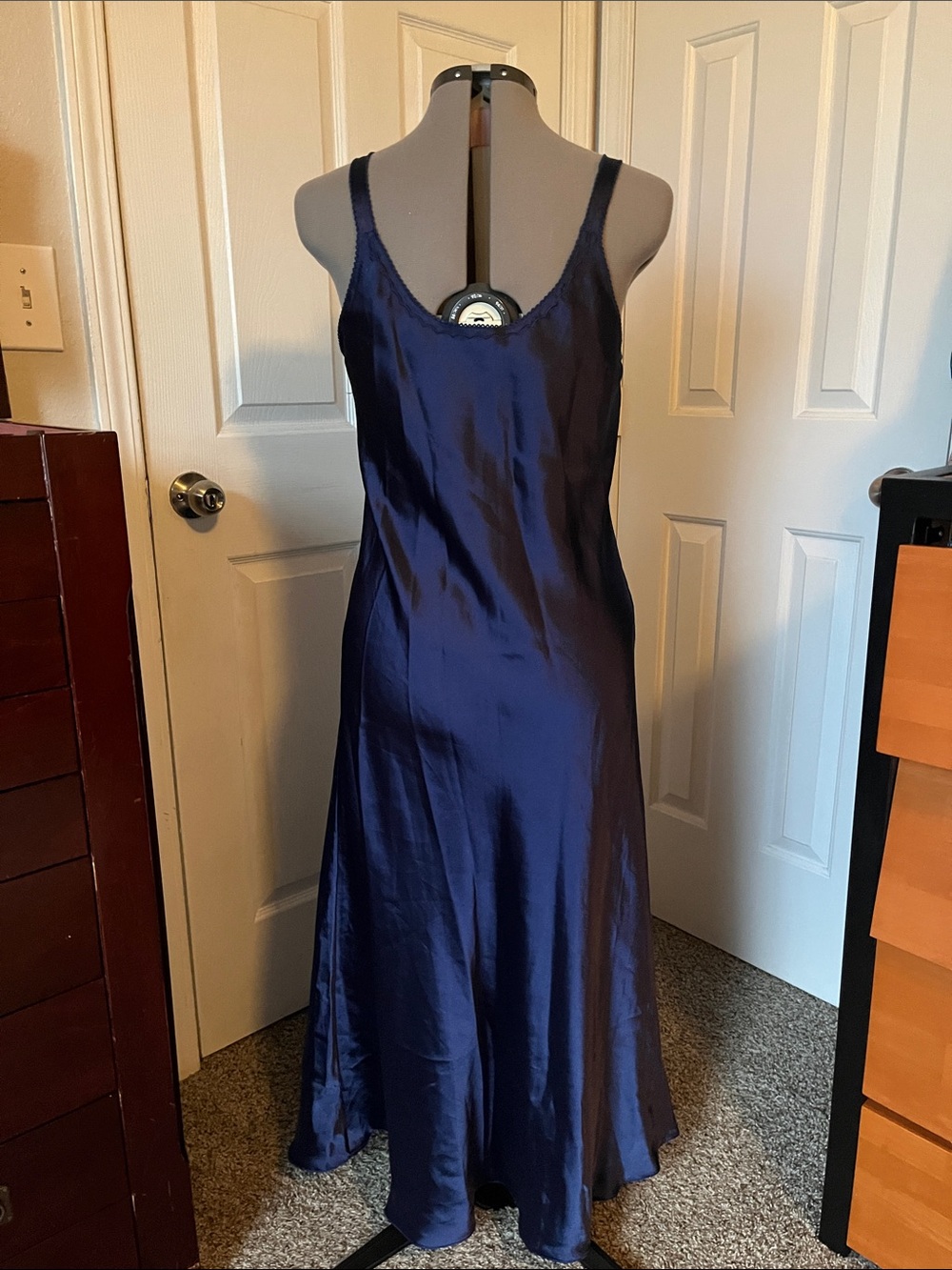 Oscar de la Renta Vintage Satin Slip Dress Nightgown, Navy Blue, Size M - Picture 3 of 7
